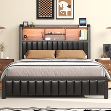 Full Queen Bed Frame with 3-Tier Storage Headboard and PU Leather