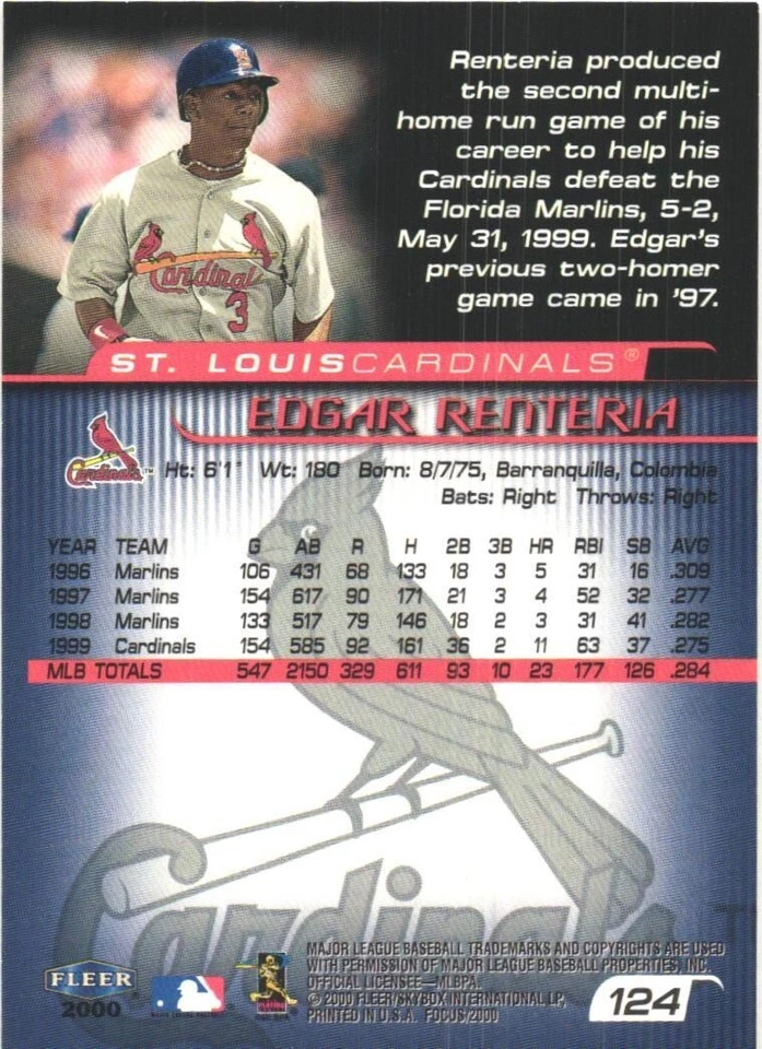 2000 Fleer Focus #124 Edgar Renteria St. Louis Cardinals Baseball Card - Image 2 of 2