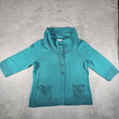 CJ Banks Sweater Womens 1X Teal Green 3/4 Sleeve Cowl Neck Button Up Cozy Mature