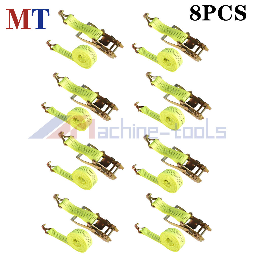 8 Pack Yellow Ratchet Straps J Hook 2" x 15' 5000 Lbs Heavy Duty Tie Downs