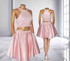 Ellie Wilde MON CHERI PROM Dress PINK Two Piece Mini Sequin Beaded Halter