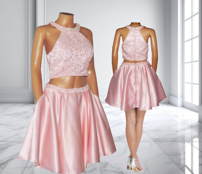 Ellie Wilde MON CHERI PROM Dress PINK Two Piece Mini Sequin Beaded Halter
