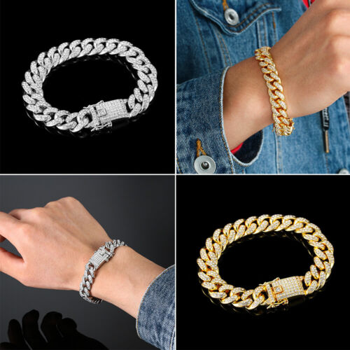 Bracelet mode brillant femmes hommes chaîne maillon bracelet strass incrusté hip hop - Photo 1/17