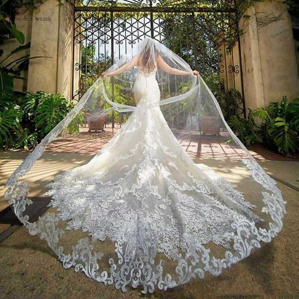 Cathedral Length Wedding Veils with Lace Applique Edge Veils  display picture 1