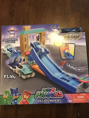 NEW PJ Masks Cat Boy Die Cast Car Track Toy Set Launch Flip Crash Cat Boy