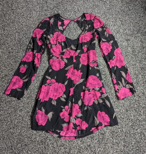 Reformation Minikleid XS Damen schwarz rosa Blumen hinten offen zum Binden