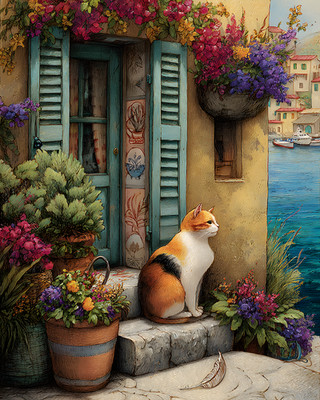 8x10 Cozy Storybook Cat Sitting on Ledge Next to Flower Art Print - 605479269