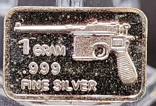 1 Gram .999 Fine Silver Art Bar Ingot. Machine Gun. Fun Way Dip Into Investing.