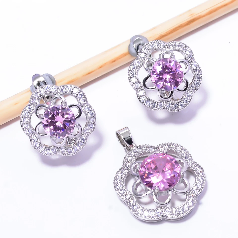 Rosa Saphir - simuliert & CZ 925 Sterlingsilber Blume Anhänger Set 0,70" PS1