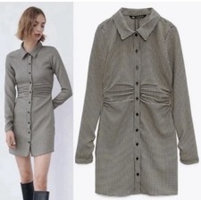Zara Ruched Houndstooth Button Front Mini Dress XS
