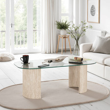 Coffee Table Console Table Side Table Clear Glass Top & Cream Marble Effect Base