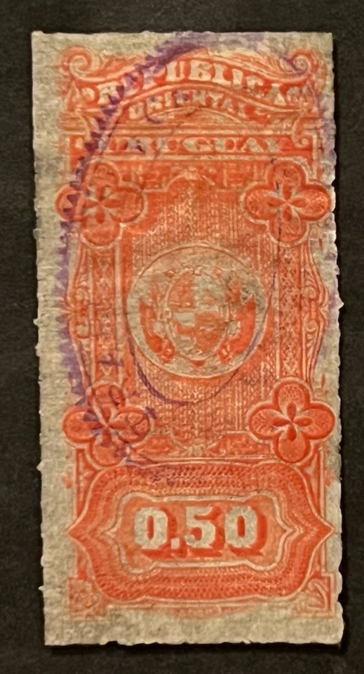 Sellos de viaje: estampillas de ingresos de Uruguay de 1800 usadas en papel Pelure estampadas a mano Foto 2 de 4
