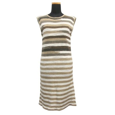 70er ISSEY MIYAKE Leinen Strickkleid Ärmellos Border All Style Tag Vintage Damen