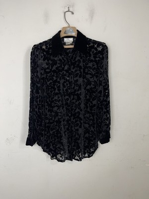 Silk Boutique Womens Shirt Small Black Velvet Burnout Floral Button Up Cocktail