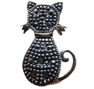 LA 925 Sterling Silver Retro Charm Slide Pendant Marcasite Pave Kitten Cat Pet