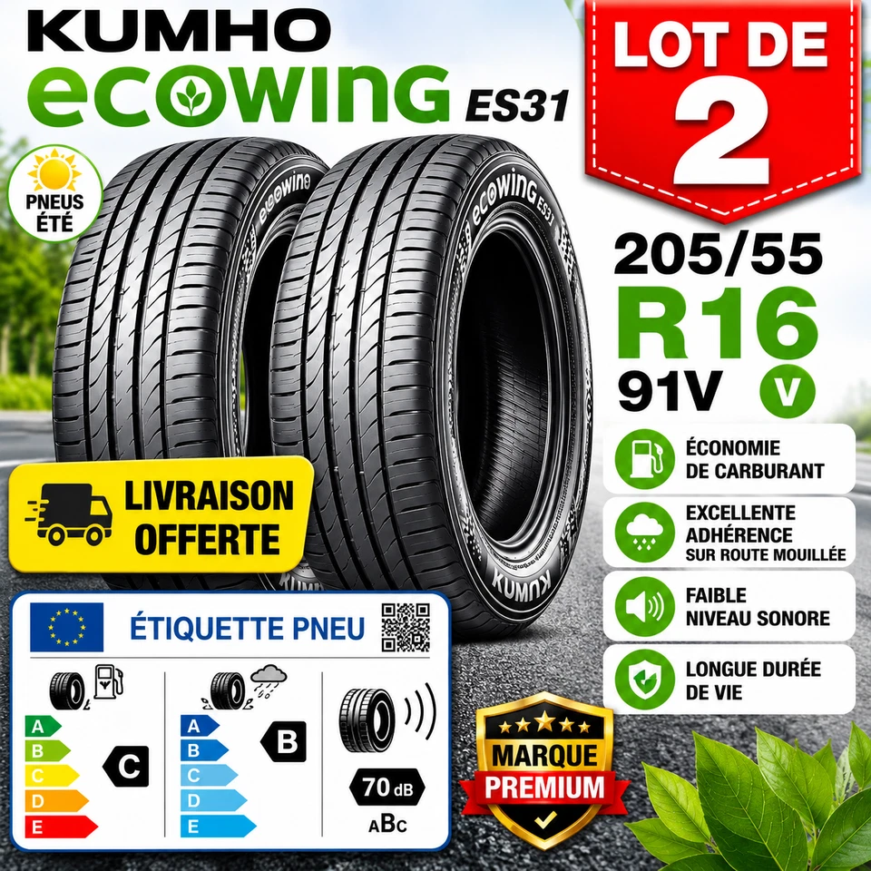 2 Pneus KUMHO Ecowing ES31 205/55 R16 91V Été Économie Carburant - Photo 1/1