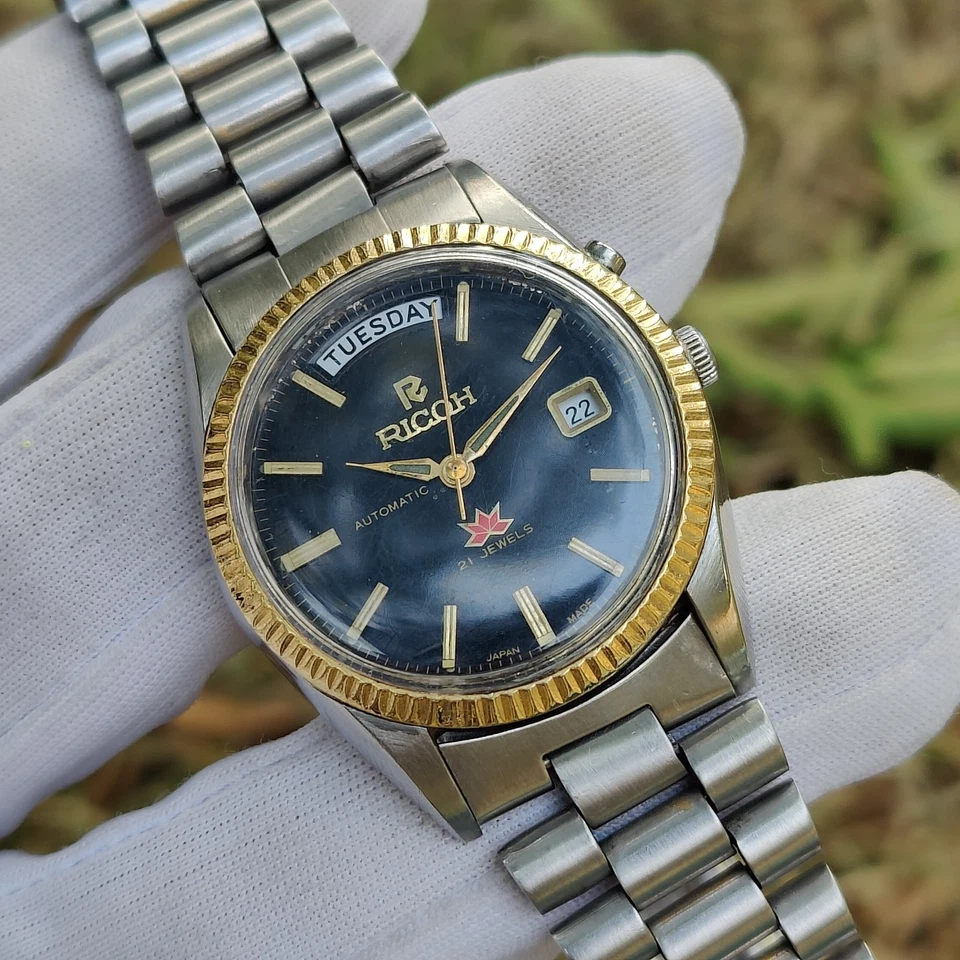 Винтажные мужские часы Ricoh Automatic President 061 121 черный циферблат японское производство N - Изображение 3 из 4