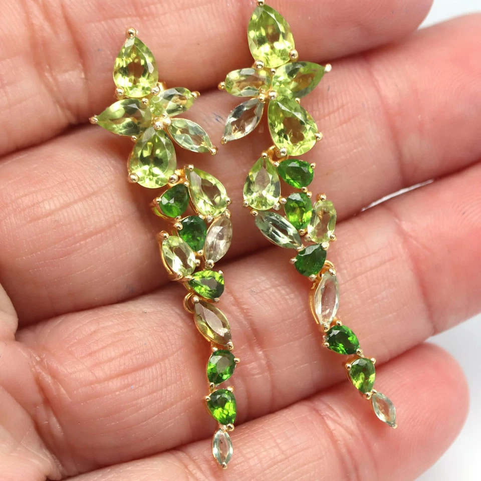 925 Sterling Silver Green Peridot, Chrome Diopside & Sapphire Earrings - Image 2 of 4