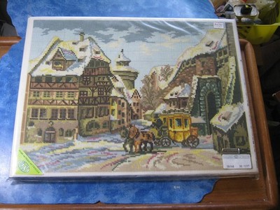VINTAGE HALF-CROSS-STITCH KIT Village Scene MADE IN GERMANY 12'' x 16  NIP
