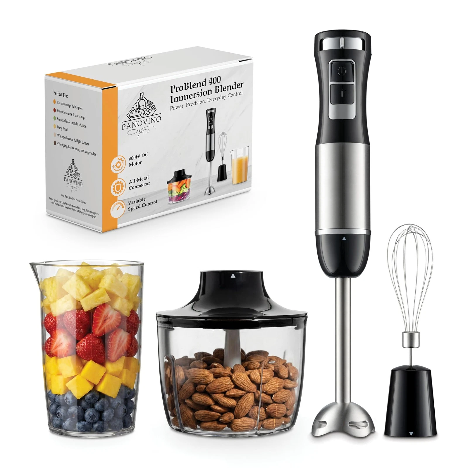 Immersion Blender with Stainless Steel Blending Arm, Whisk & Chopper – Variab...