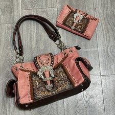 Western Bling Style Handbag Wallet 2 Pc Set Pink Brown Studded Embroider Buckle