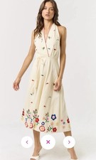 Lalavon HALTER NECK TIE EMBROIDERED MIDI DRESS Bohemian Cottage Core Sz Large