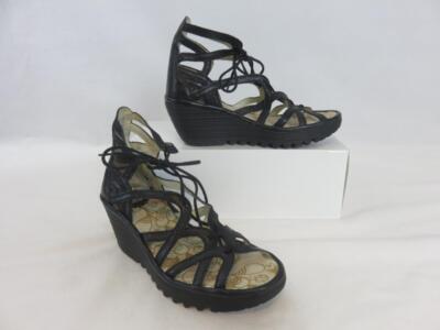 Fly London Yuke Black Gladiator Lace Up Wedge Leather Shoes.  EU 37  US  7