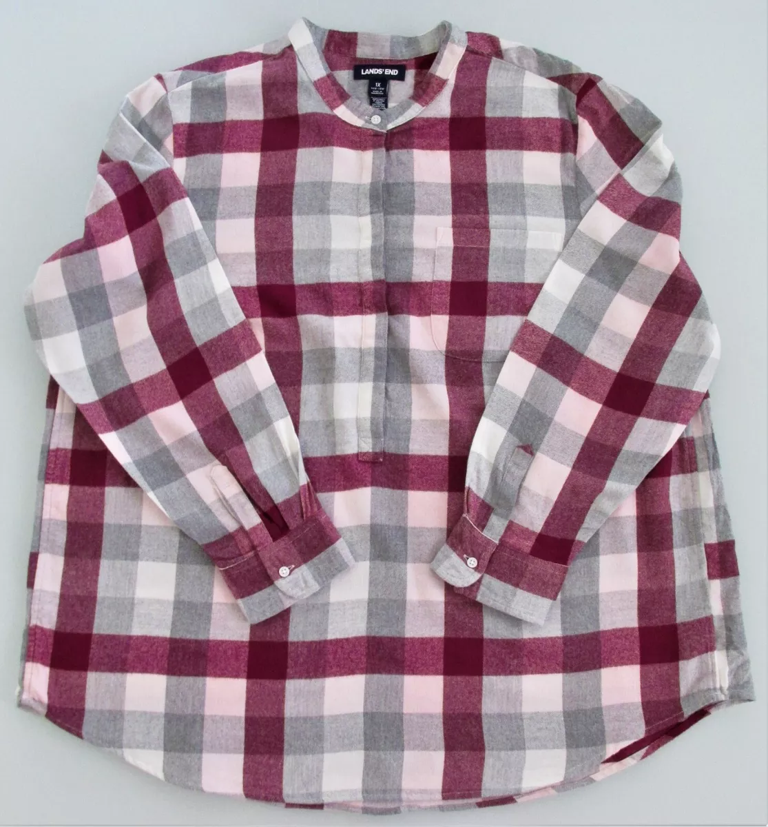 Lands' End Women's Banded Collar Cotton Flannel Shirt Size 1X