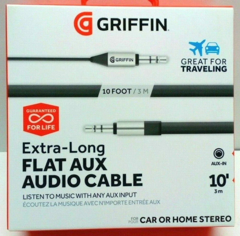 NUEVO Cable de audio auxiliar plano Griffin de 10' cable de entrada de audio auxiliar resistente a enredos Foto 3 de 4