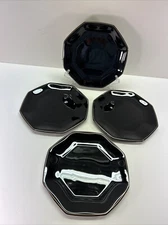 Set of 4 Arcoroc France Octime Salad Plates Black Gold Trim Octagon 7.5" VTG