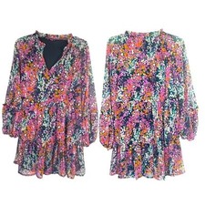 Vince Camuto Tiered Floral Mini Dress XS Babydoll Fairycore Colorful V-neck