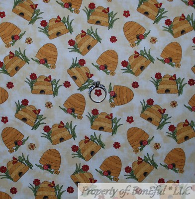 BonEful Fabric FQ Cotton Quilt Cream Red Yellow Gold Bumble Bee Hive Garden SALE