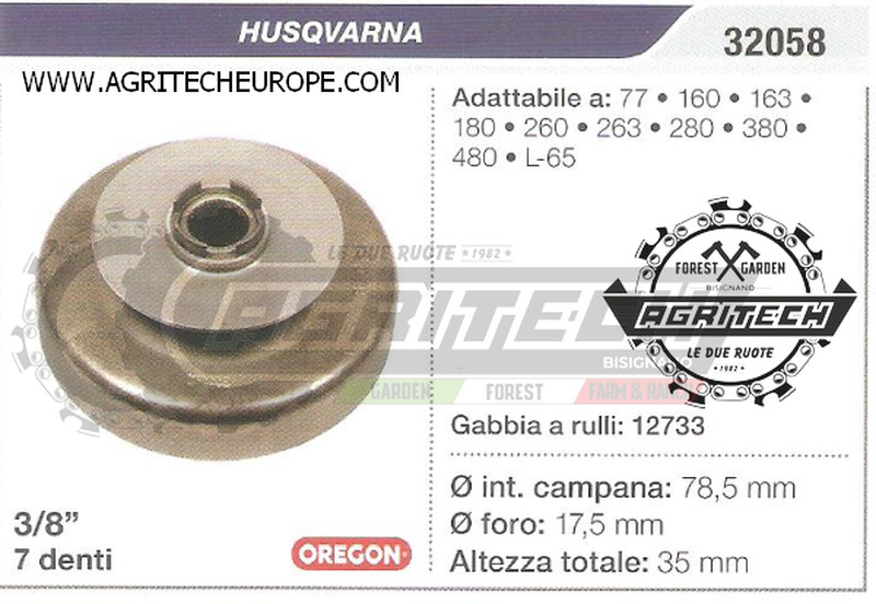 32058 PIGNONE CAMPANA FRIZIONE MOTOSEGA HUSQVARNA L-65 3/8" 7 DENTI