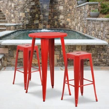 24'' Round Red Metal Indoor-Outdoor Restaurant Bar Table Set w/2 Barstools