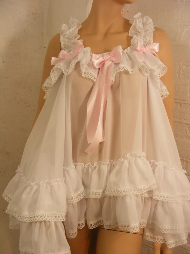 sissy ADULTO Vestido Bebé Blanco Gasa Babydoll Negligee Camisón Elegante Cosplay Foto 4 de 4
