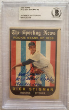 1959 TOPPS ROOKIE STARS DICK STIGMAN INDIANS SIGNED AUTOGRAPH #142 CARD BECKETT