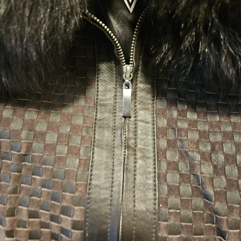 Chaqueta de cuero de gamuza tejida marrón Marvin Richards Rem cuello de piel de zorro azul mediano Foto 4 de 4