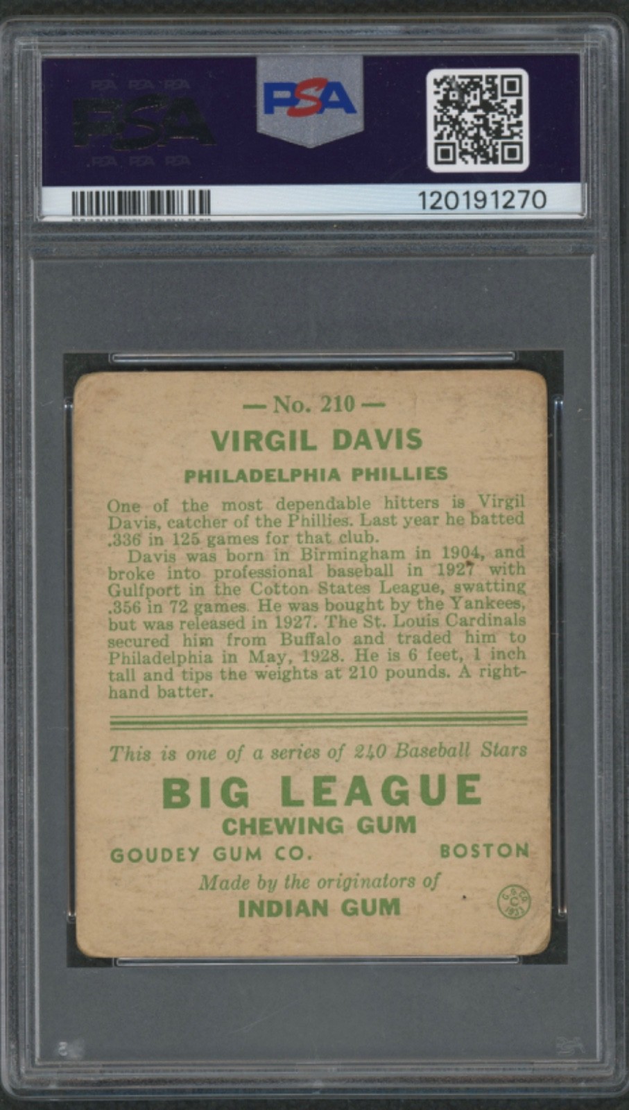 1933 Goudey #210 Virgil Davis xx Philadelphia Phillies   PSA 1.5 (MC) view 2