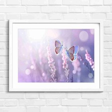 Blue Butterflies on Pink Heather Original Framed Wall Art Print Large Picture