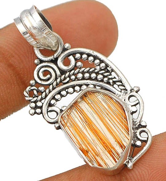 Natural Golden Rutilated Quartz 925 Solid Sterling Silver Filigree Pendant 