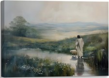 Jesus and Lamb Canvas Wall Art, Leaves the 99 Sheep Poster, Christian Home Decor