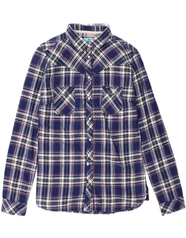 Camisa de franela ROXY para mujer Reino Unido 12 mediana azul a cuadros algodón AG06 Foto 3 de 4