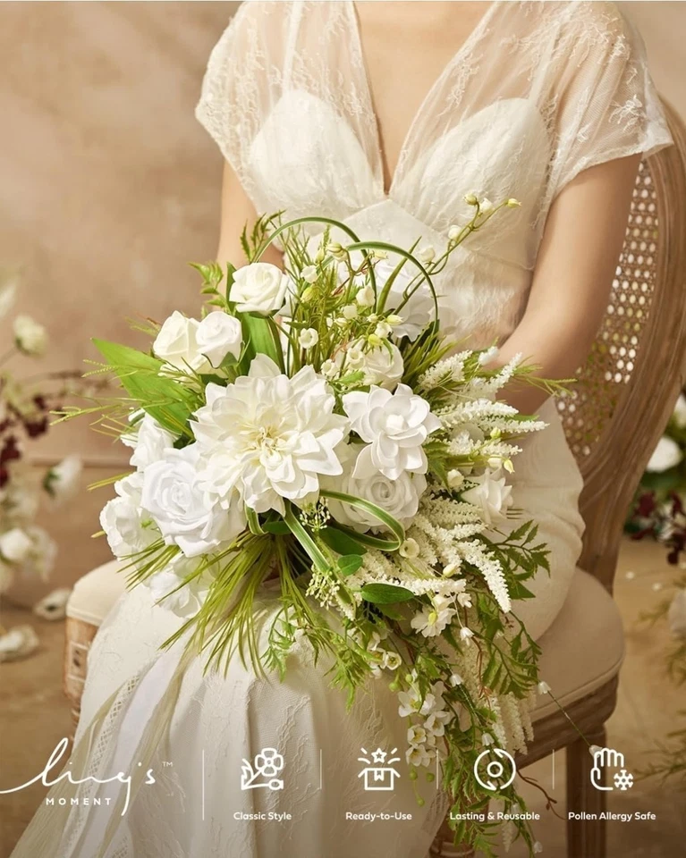 Ling's Moment White Bridal Bouquet, Lily-of-the-Valley Wedding Bouquets - Image 4 of 4