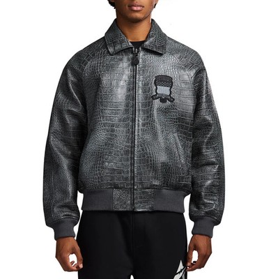 Mens Avirex Limited Edition Distressed Croc Icon Gray Leather Jacket Bomber Coat