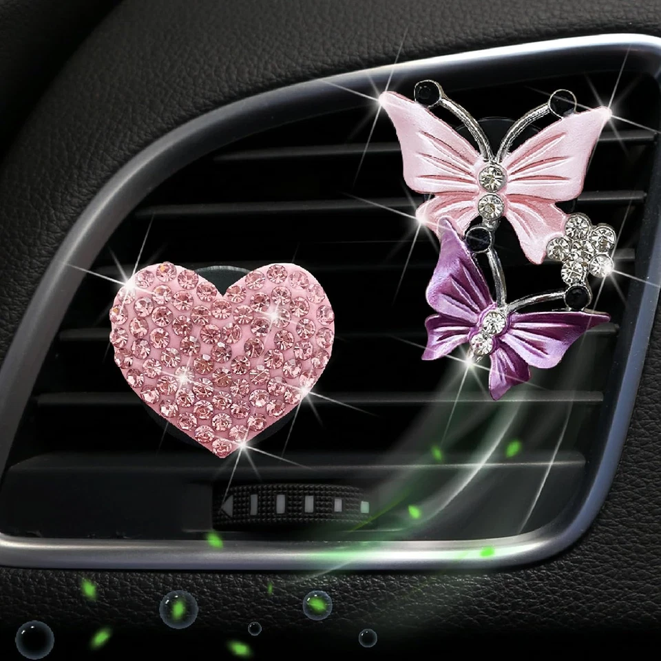 2 Pcs Pink Butterfly and Bling Heart Car Air Vent Clips,Rhinestone Car Air Fresh - Image 3 of 4