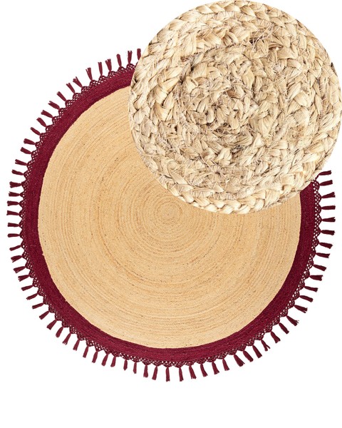 Boho Teppich Rund ø 200 Cm NatüRliche Jute Handgeflochten Beige Und Rot Marts-image