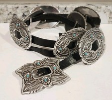 Justin Silver-Tone w/Turquoise Accents Concho Cowhide Leather Belt Size 34