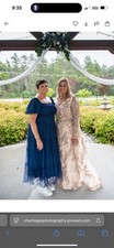 Champagne Gold Embroidered Beaded Long Sleeve V-Neck A-Line Ball Gown Dress