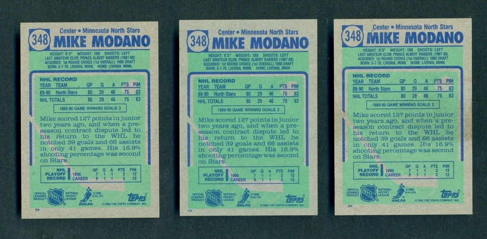 1990-91 Topps #348 Mike Modano Rookie 3 Card Lot Nm-Mint Stars - Image 2 of 2