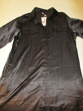 NWT! Black Satin Shirt Dress Long Tab Sleeves Button Up Front Pockets Small